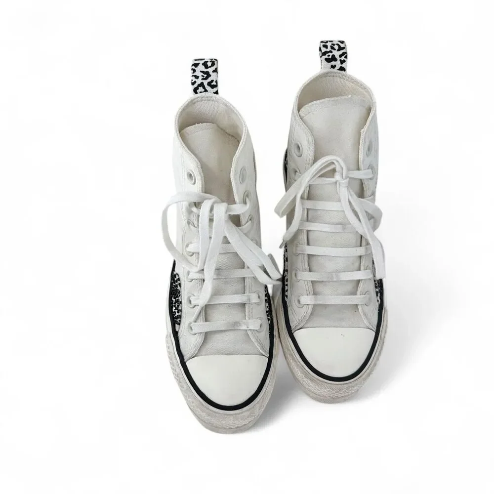 Embellished White Platform High Top Canvas Sneakers Cheetah Print Rhinestone Gem